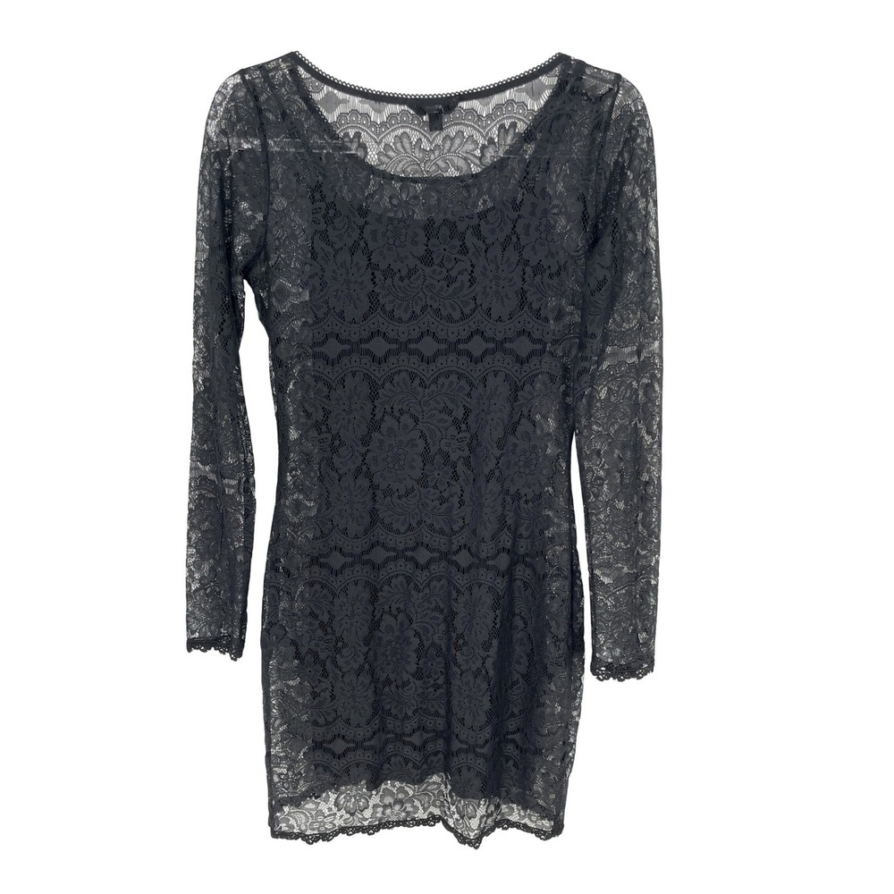 Black Sheer Lace Mini Dress S Bodycon Long Sleeve Witchy Whimsigoth Romantic